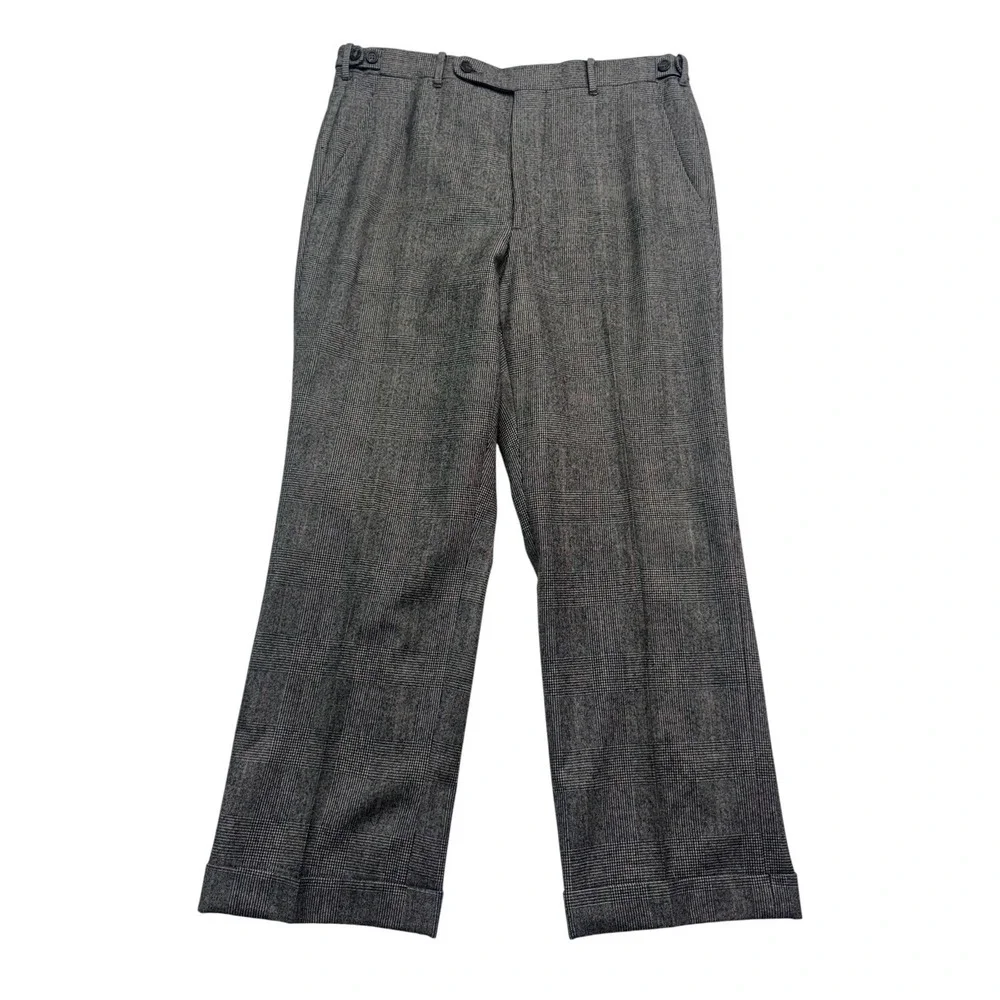 vtg DAKS Glen Plaid 36x28 Flannel Wool Pants Wide Leg High Rise Side Adjusters